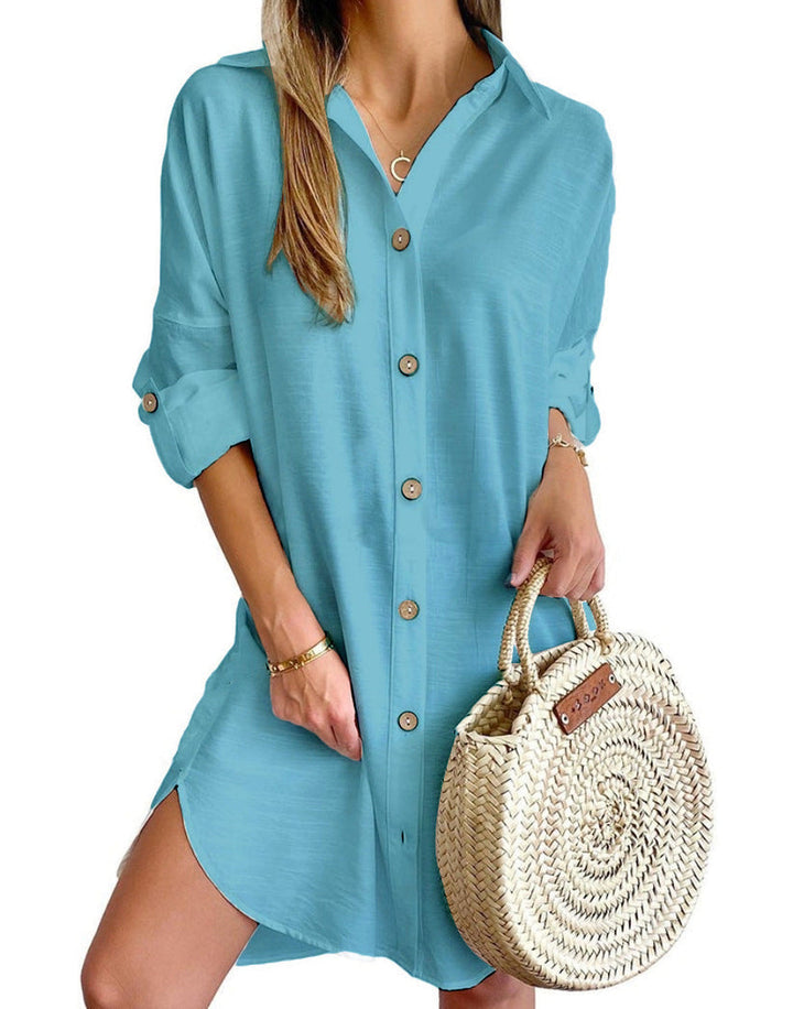 Easy-to-wear women's button-up shirt dress, chic for casual and everyday elegance.