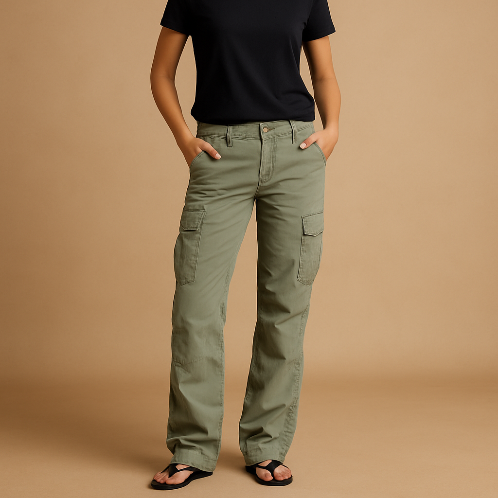 Stylish women's utility cargo pants featuring a straight leg and practical multi-pockets for modern apparel.