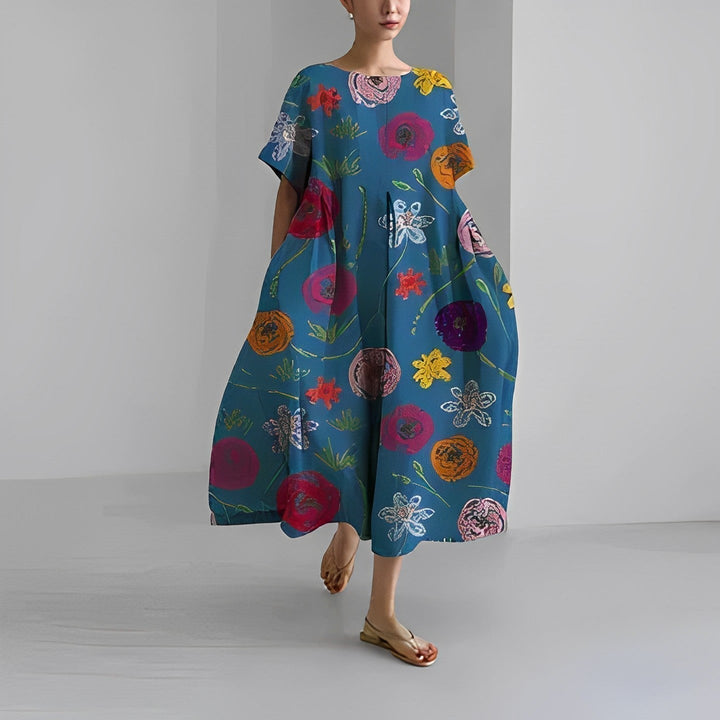 Elegant women's vibrant floral maxi dress, a flowy and comfortable casual summer fashion statement.