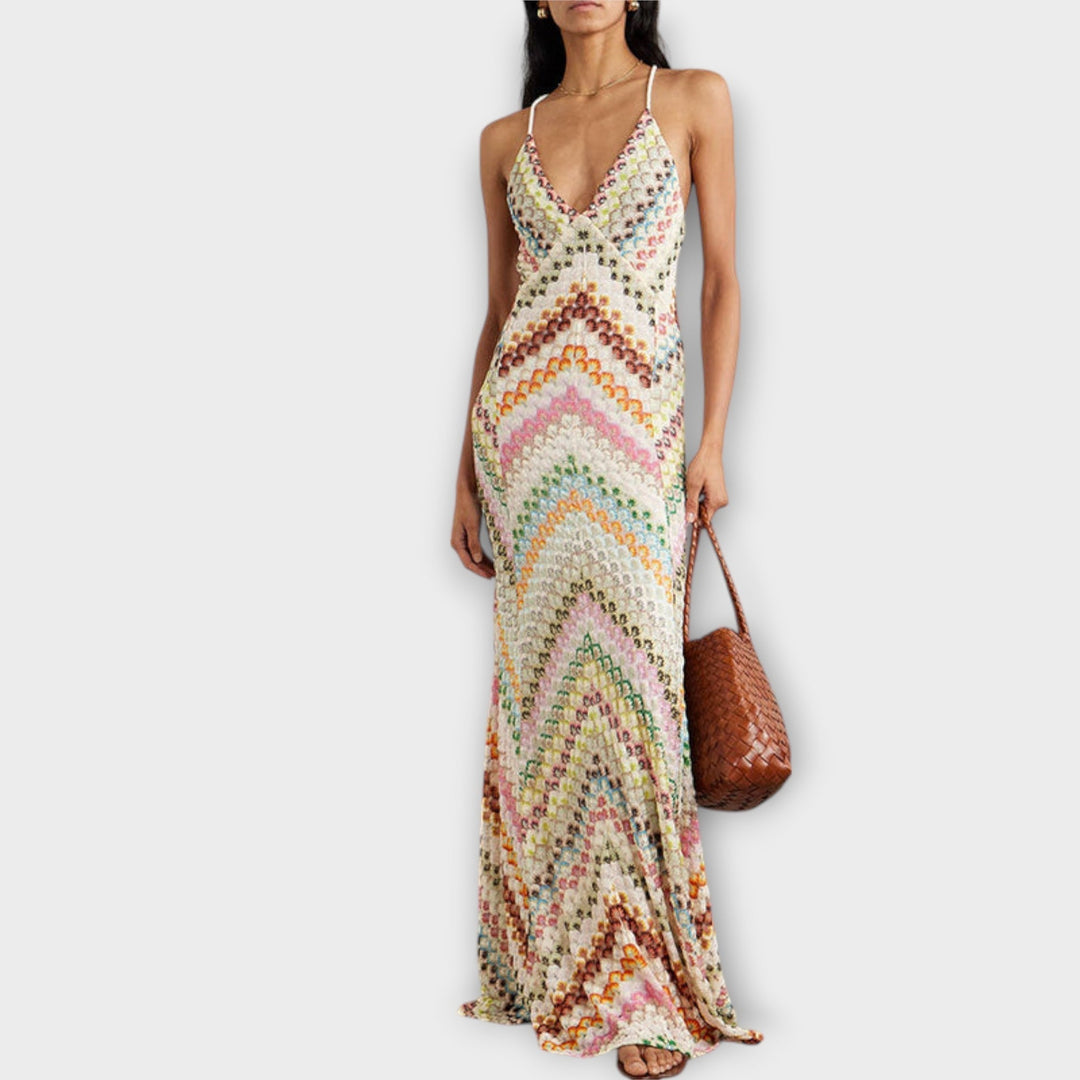 Women's vibrant herringbone maxi dress with v-neck, ankle-length, perfect for chic evening or party wear.