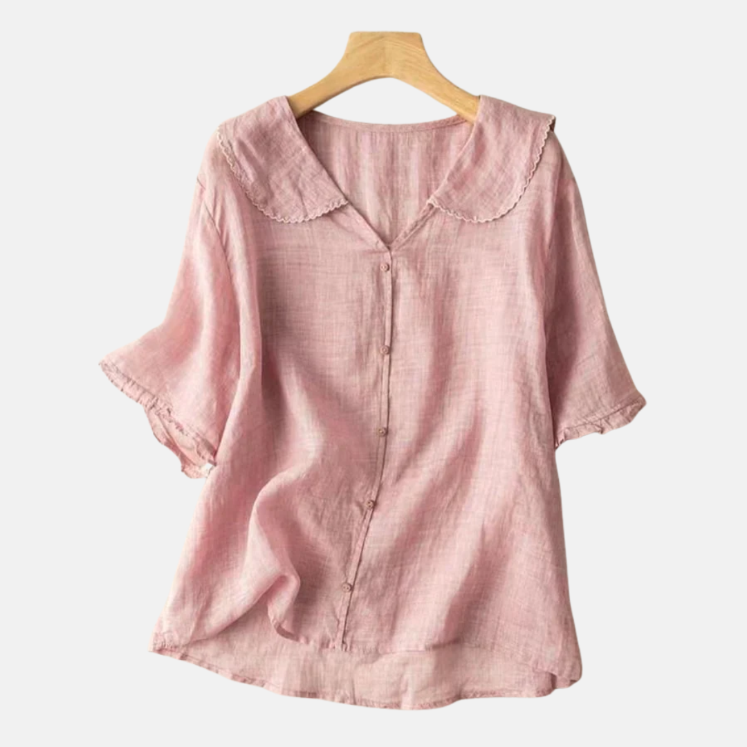 Chic women's vintage doll collar shirt, a comfortable short sleeve top ideal for spring & summer fashion.