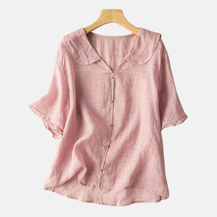 Chic women's vintage doll collar shirt, a comfortable short sleeve top ideal for spring & summer fashion.