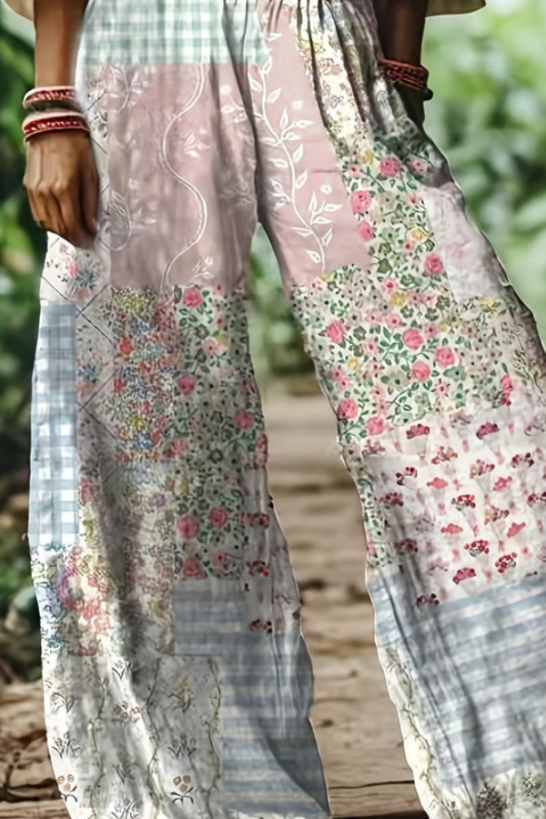 Vintage style women's floral cropped pants, lightweight and breathable.