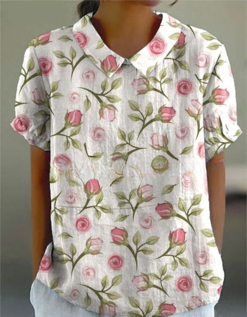 Women's elegant vintage style blouse, floral embroidery, short sleeves for summer.