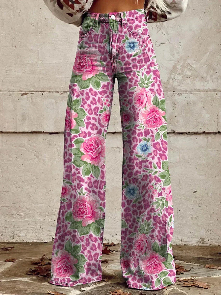 Side view of women's vintage floral flare jeans, highlighting the elegant wide-leg boho silhouette.