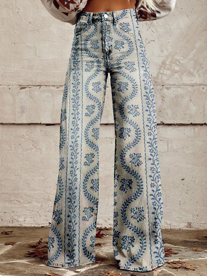 Casual women's vintage floral wide-leg flare jeans for a relaxed boho-chic everyday statement piece.