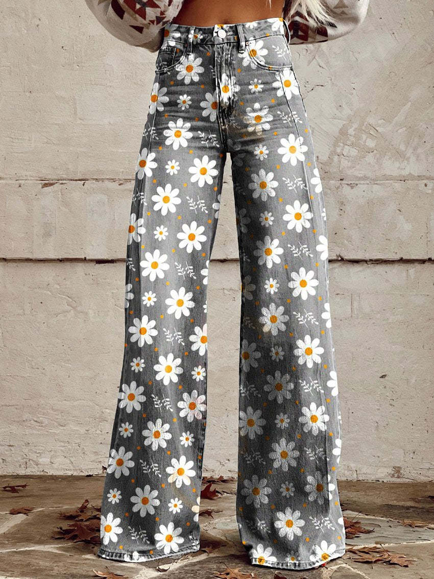 Statement women's vintage floral wide-leg flare jeans, combining retro fashion & boho aesthetic.