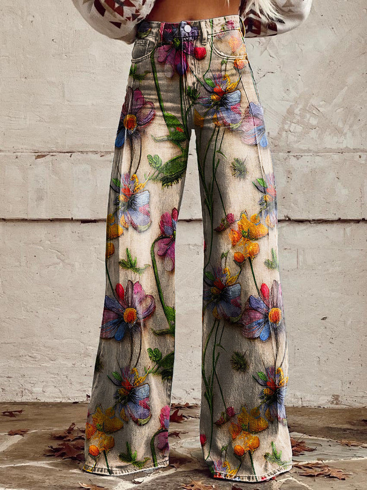 Model wearing women's vintage floral wide-leg flare jeans, showcasing flowy boho movement.