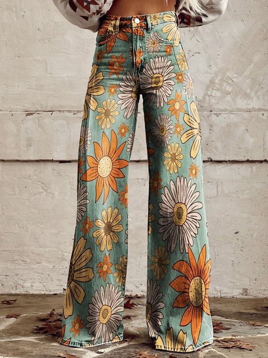 Relaxed fit women's boho floral wide-leg pants, a vintage high-rise design for comfortable, effortless style.
