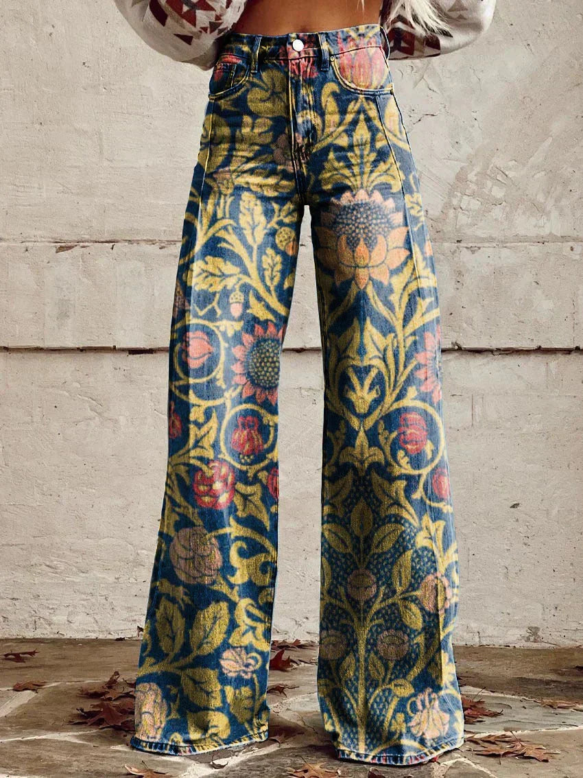 Vibrant floral print wide-leg women's pants, featuring a vintage design and a comfortable relaxed fit.