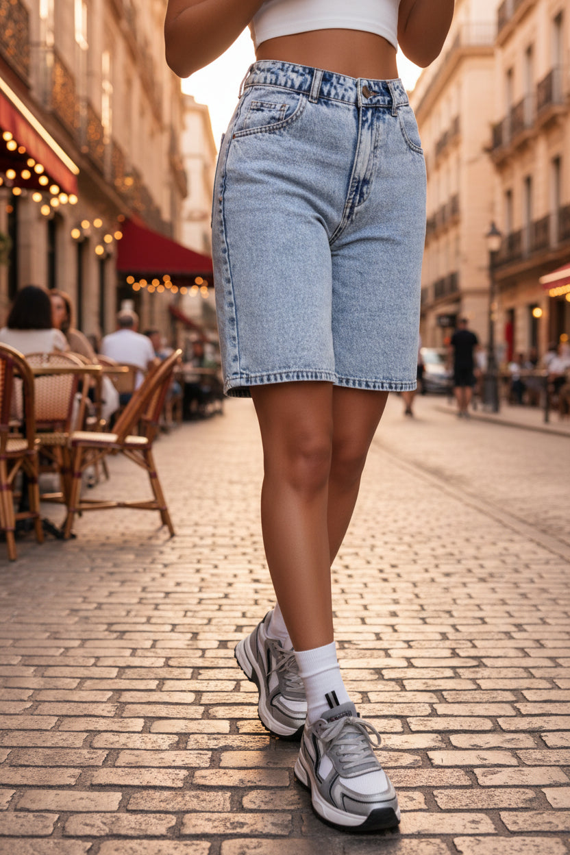 Comfortable women's light blue Bermuda shorts in vintage style, featuring practical pockets for everyday wear.