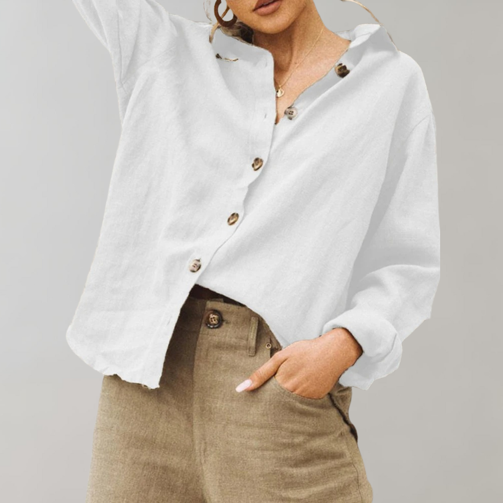 Women's vintage relaxed fit blouse with classic collar, long sleeves, and button-down front for casual wear.