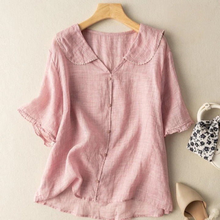 Versatile women's vintage scalloped collar blouse for casual chic or office wear, button-up design.