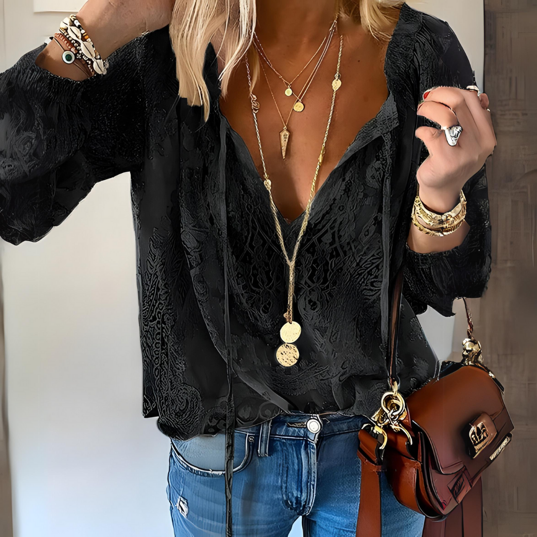 Boho chic women's blouse, vintage style split neck top for a relaxed fit and comfortable, stylish everyday wear.
