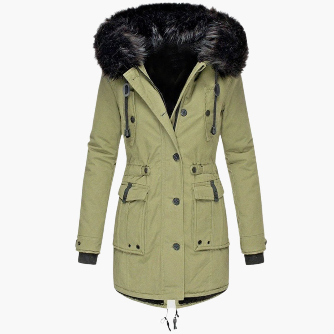 Side view of a woman wearing a black hooded puffer winter coat, showing its warmth and length.