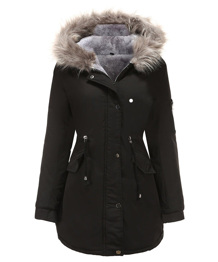Women's warm winter parka coat with faux fur hood, perfect for cold weather