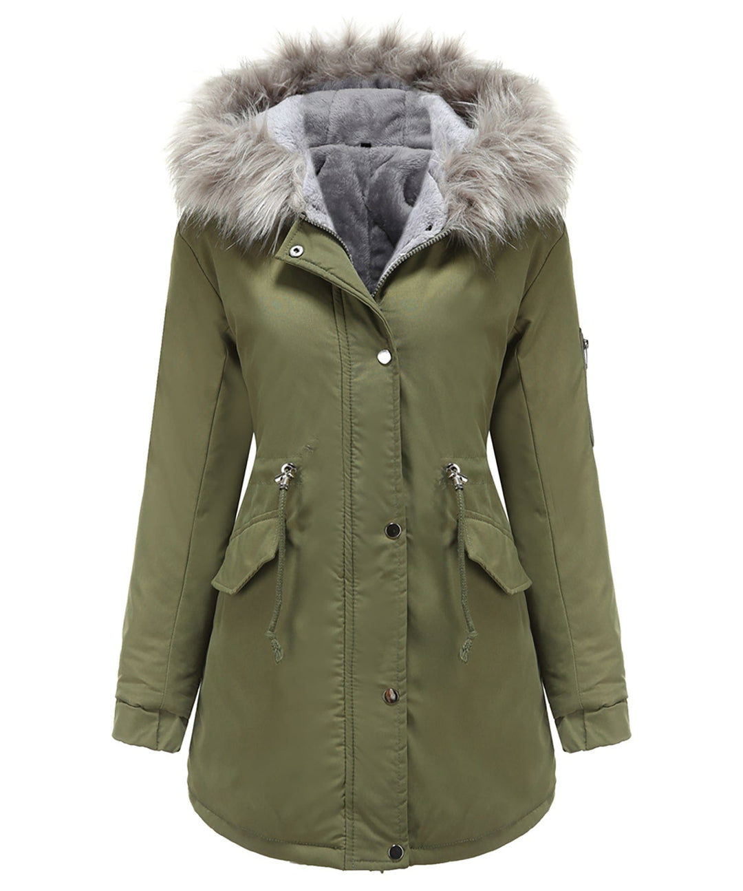 Sherpa-lined women's parka, water-resistant, ideal for hiking adventures