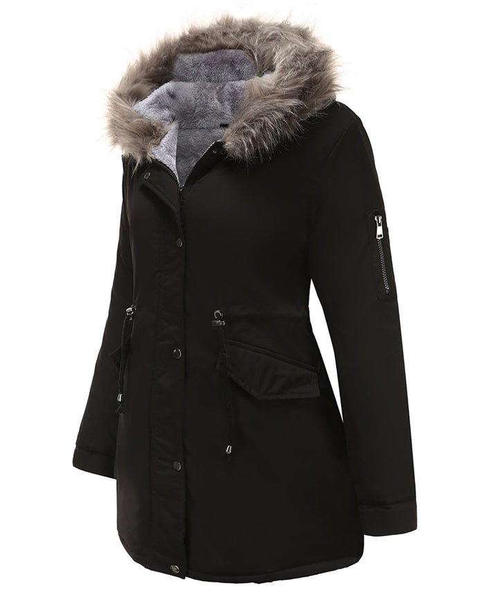 Stylish women's winter coat with a luxurious faux fur hood and warm lining