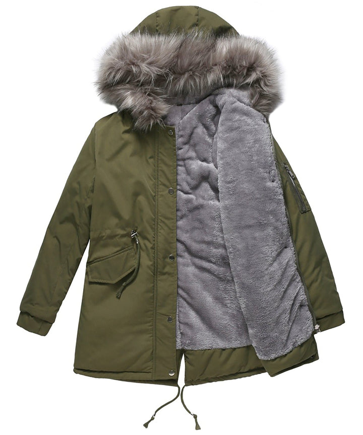 Close-up of the plush faux fur hood on a women's winter parka coat