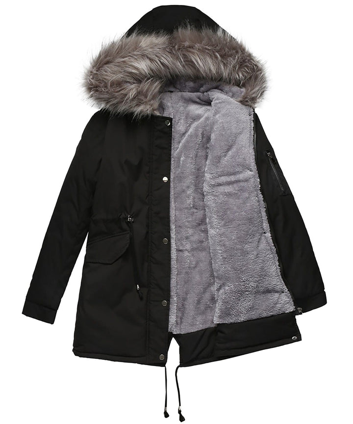Side view of a women's water-resistant parka, excellent outerwear for winter
