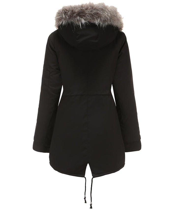 Back view of a women's warm jacket, featuring a protective faux fur hood