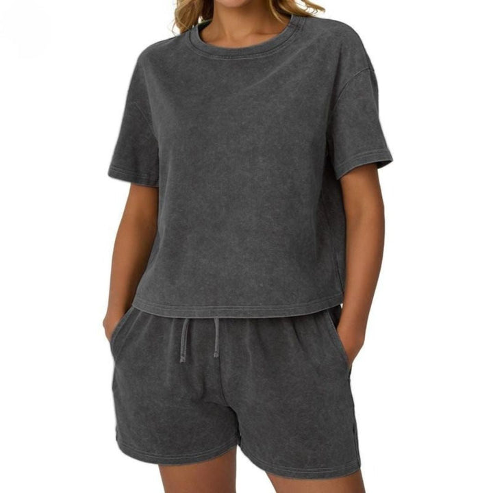 Close-up of soft washed cotton fabric on a women's lounge set, perfect for athleisure