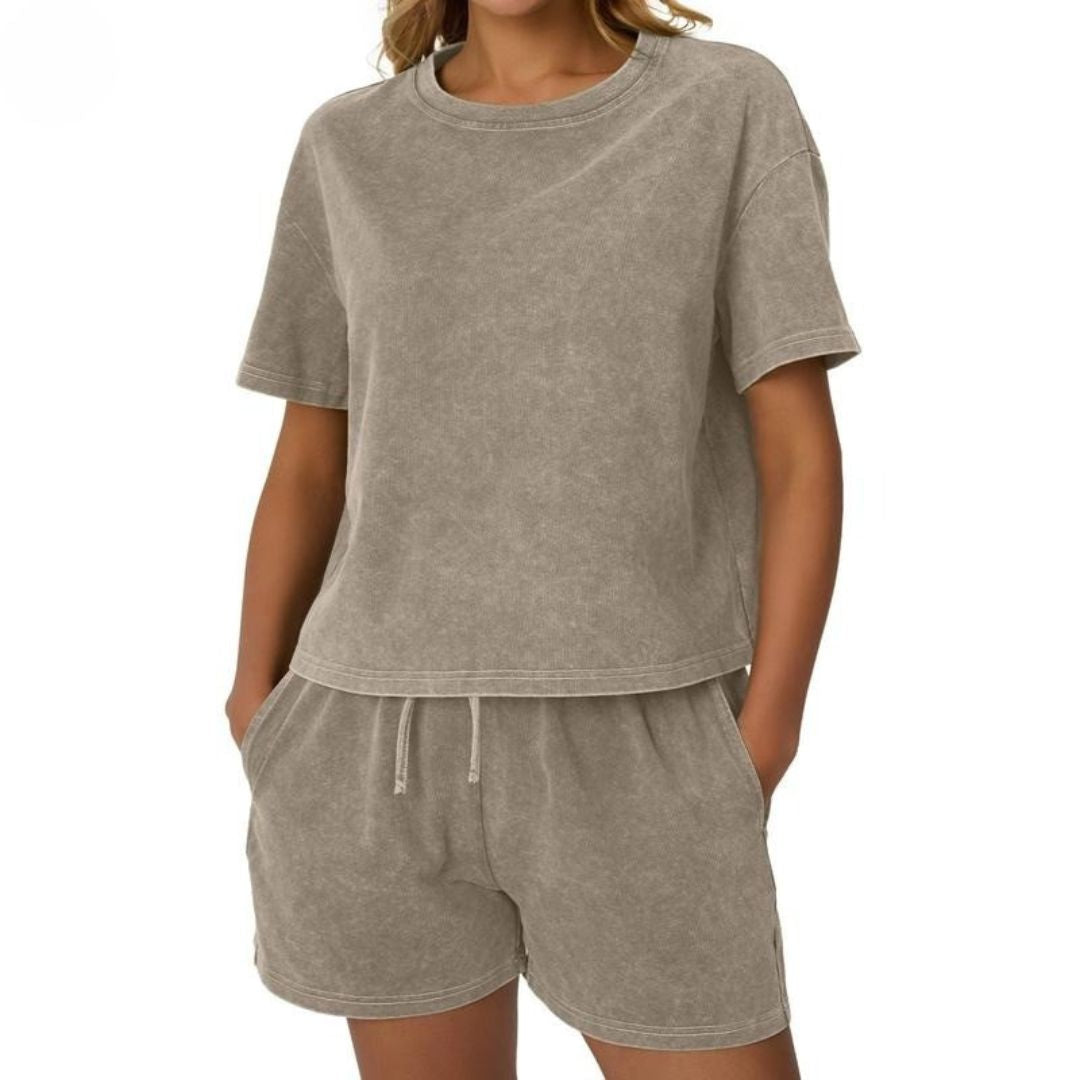 Woman relaxing in a comfortable washed cotton lounge set, ideal for summer loungewear