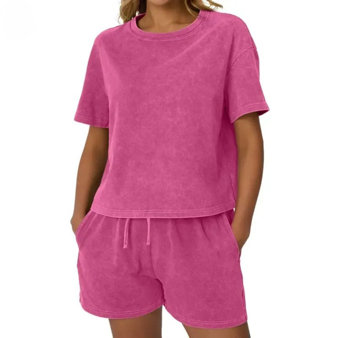 Full shot of a women's two-piece cotton lounge set in a neutral color, comfortable athleisure