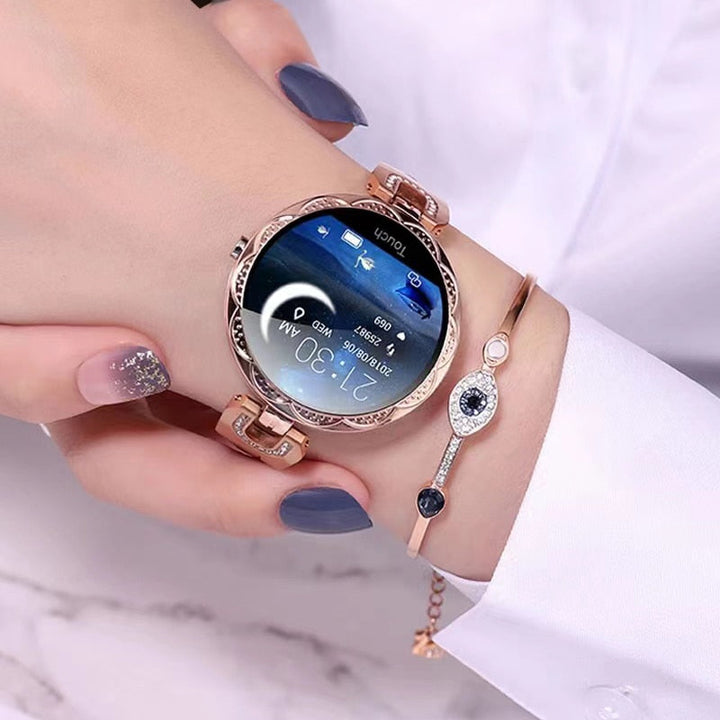 Digital display of a women's fitness smartwatch showing heart rate & activity stats. Waterproof health monitor.