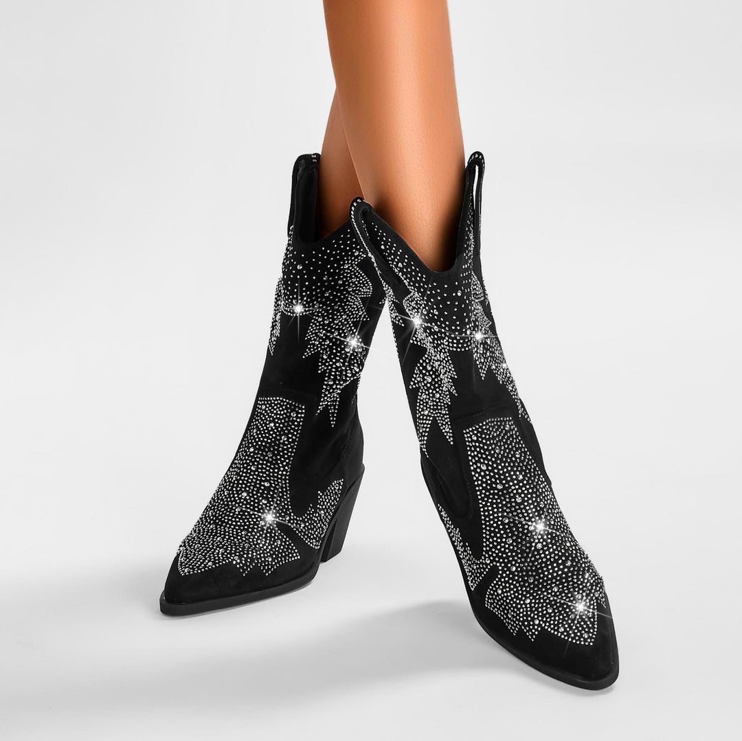 Close-up of Women's Western Rhinestone Boots, detailed sparkle, statement footwear, fashion boots