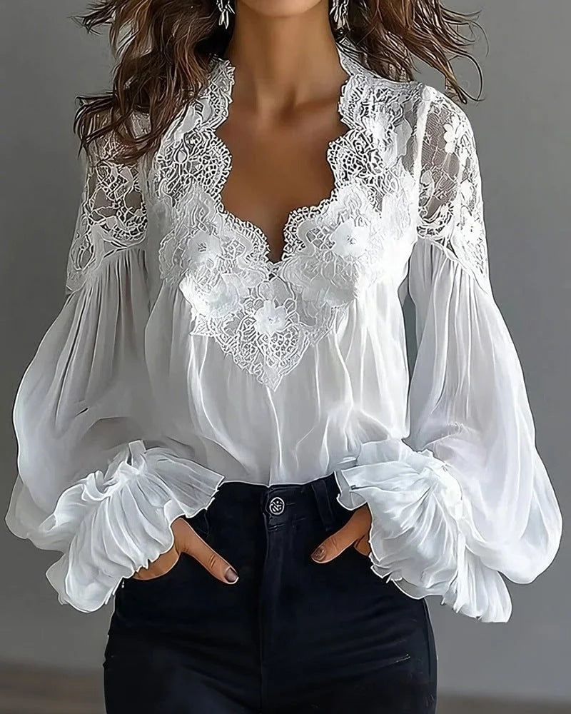 Black lace V-neck blouse for women, featuring romantic puffed ruffle sleeves; perfect for sophisticated fashion.