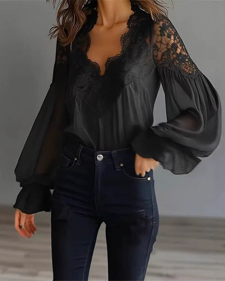 Romantic women's white lace top with V-neckline and elegant puff ruffle sleeves, a timeless fashion piece.
