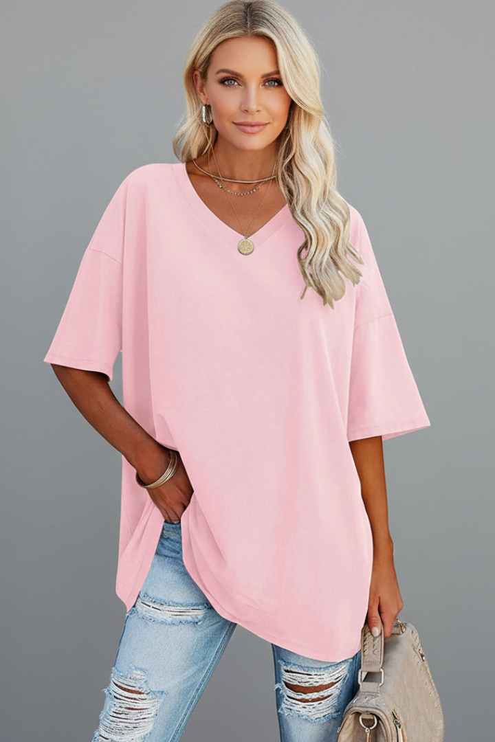 Yellow short sleeve V-neck tee, women's everyday loose fit comfort shirt.
