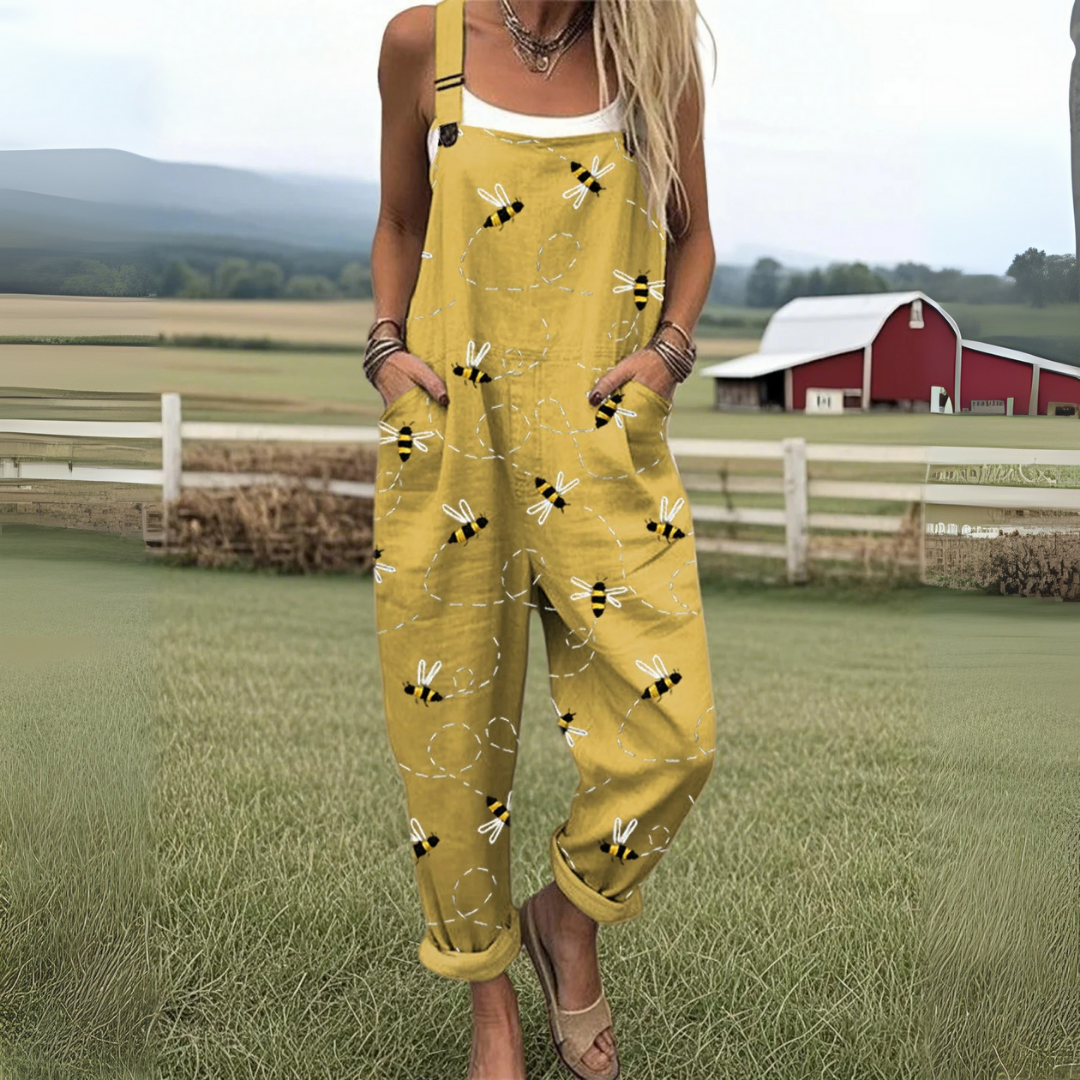 Women's wide leg jumpsuit with flying bees embroidery. Casual, comfortable ankle-length summer fashion.
