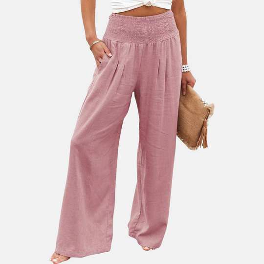 Lightweight women's wide leg summer trousers, elastic waist, providing ultimate comfort & a stylish, relaxed fit.