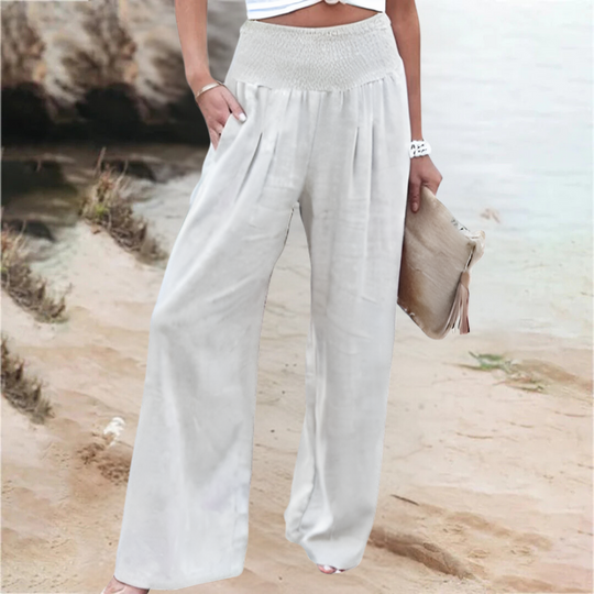Flowy wide leg summer pants for women, high waist & relaxed fit, perfect for casual trousers & vacation outfits.