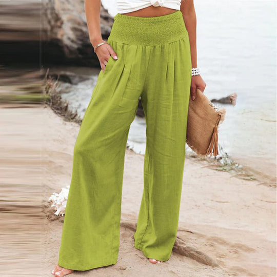 Stylish women's wide leg beach pants, elastic waist, perfect for summer fashion, vacation outfits & relaxation.