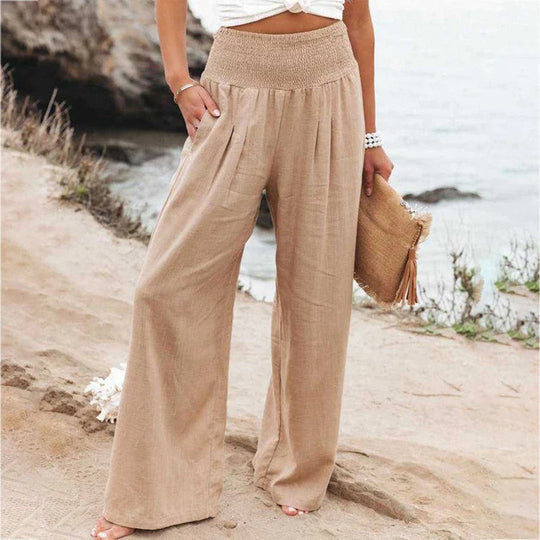 Women's wide leg pants with elastic waist for a comfortable, adjustable fit, ideal for flowy summer fashion.