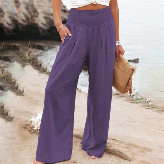 High waist wide leg women's summer pants, elastic waist for ultimate comfort, relaxed fit & stylish appeal.