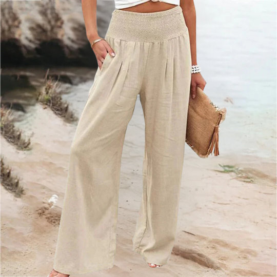 Trendy women's summer fashion pants, wide leg & elastic waist, perfect for a chic, casual, and comfortable look.