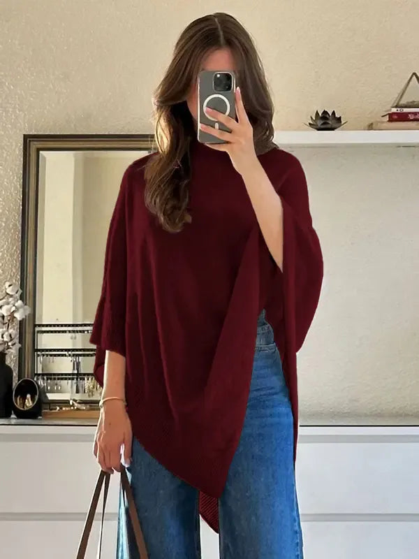 Casual chic women's brown wool-blend poncho, featuring an asymmetric design and comfortable knit for cool weather