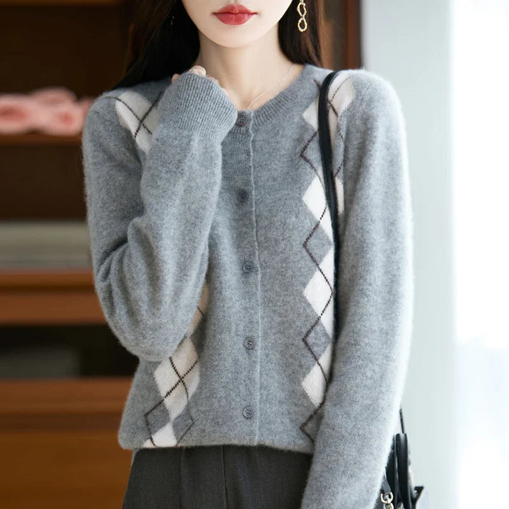Elegant women's cashmere-feel cardigan, wool knit with unique diamond stitch, perfect winter top.