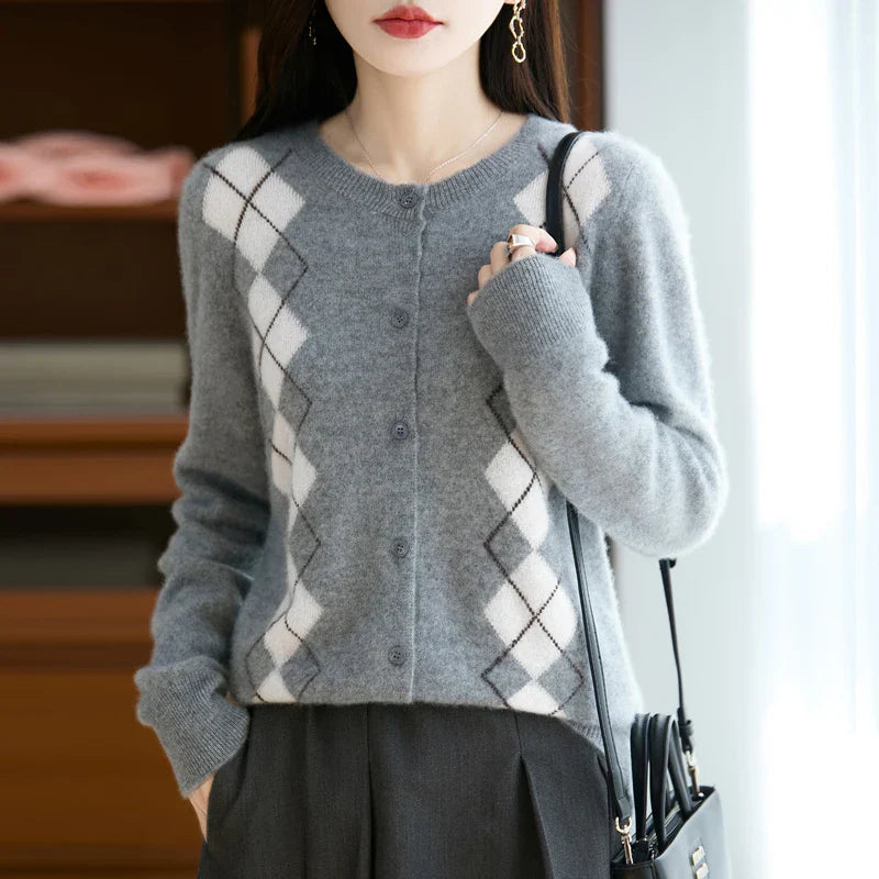 O-neck women's wool knit cardigan, featuring exquisite diamond stitching and classic button front.