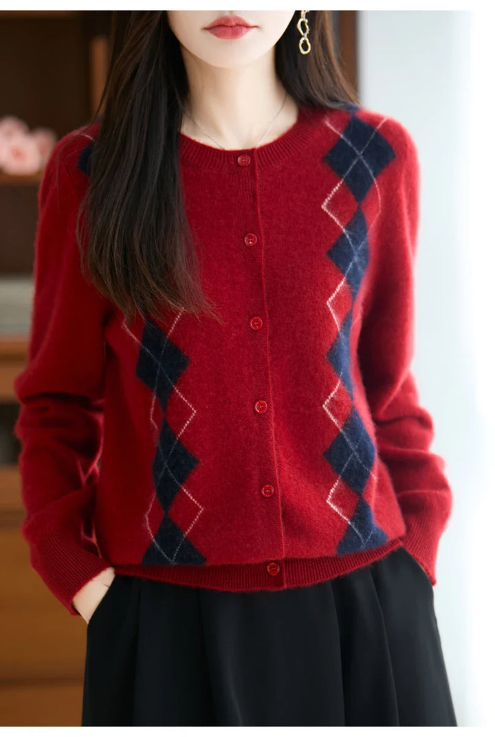 Soft women's wool knit cardigan, diamond stitch detailing, button front. A cozy yet stylish winter sweater.