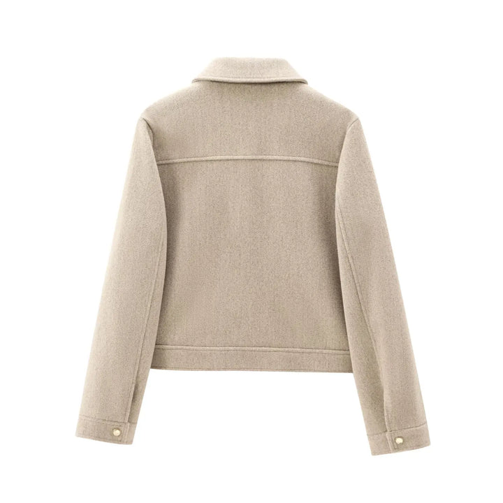 Back view of women's wool zippered jacket, highlighting its classic bomber silhouette
