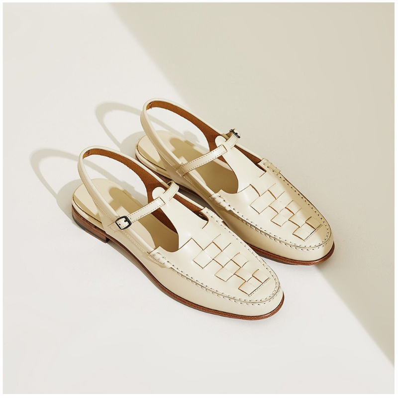 Close-up of the intricate woven detail on women's tan leather slingback sandals.