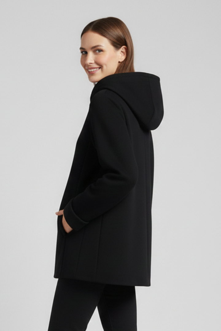 Stylish women's zip-up hooded jacket with convenient front pockets for casual everyday outerwear.