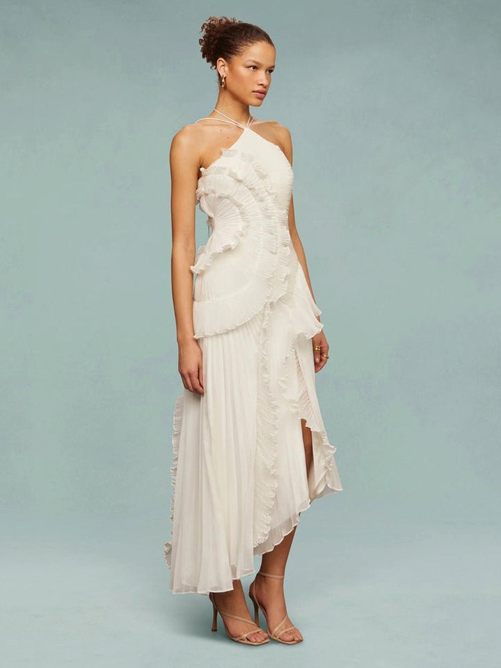 Women's Asymmetric Pleated Maxi Dress with One - Shoulder Style - Lexians