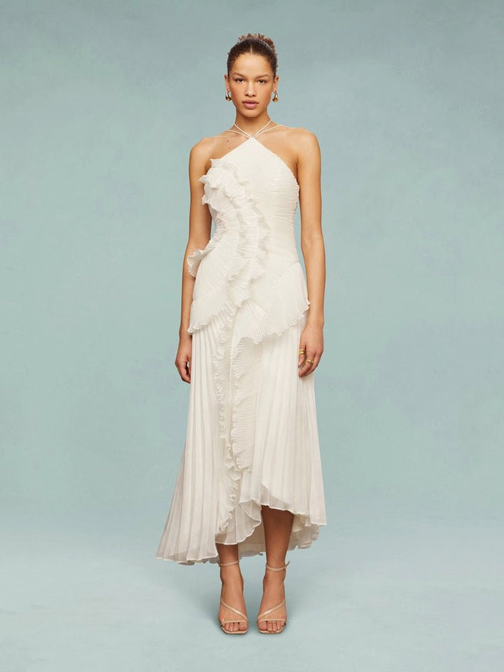 Women's Asymmetric Pleated Maxi Dress with One - Shoulder Style - Lexians