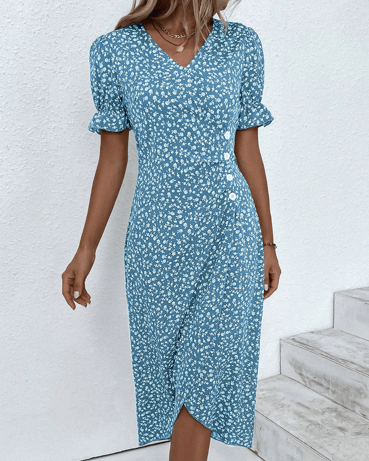 Women's Blue Floral Wrap Midi Dress with Flutter Sleeves - Lexians